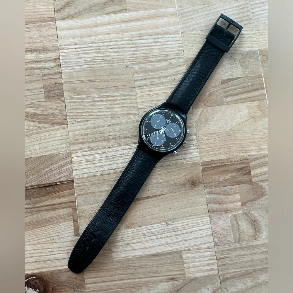 Swatch Chronograph 1991 Wall Street Super Rare Vintage Watch Black Dial Leather